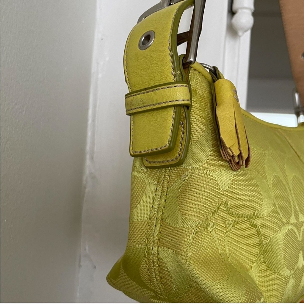 Coach Yellow Green Signature Jacquard Shoulder Bag with Leather Trim - Picture 6 of 8